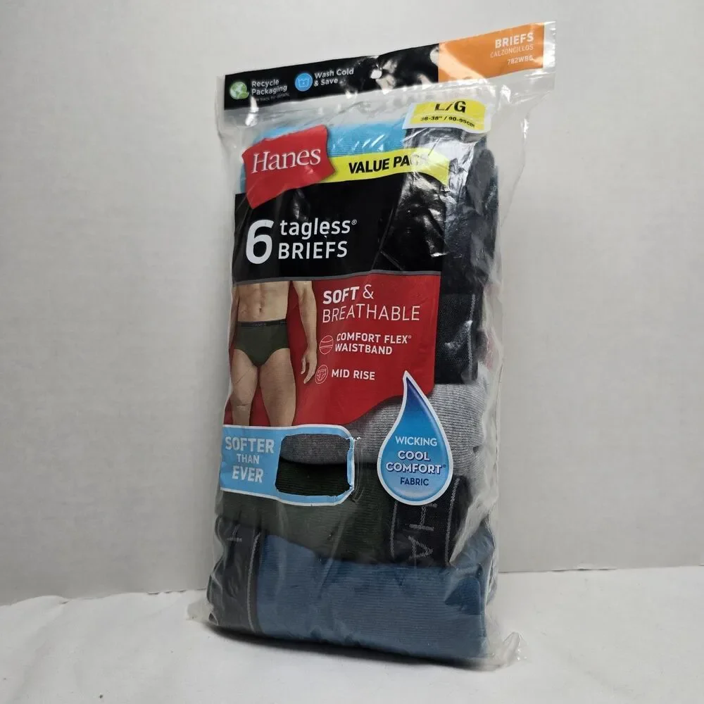 Hanes Comfort Flex Briefs Mid-Rise 6pk Multi-Color Men's Size Large 36-38 Tagles